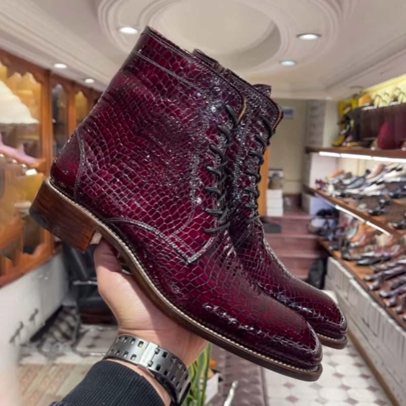 Winter Comfortable Low Heel Crocodile-Print Front Lace-Up Men's Boots